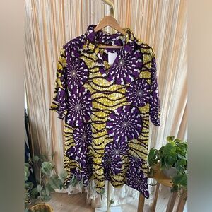Vintage African Wax Print Tunic dress - Purple Yellow Spiral Pattern